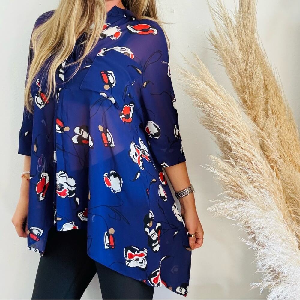 ANNE KLEIN Purple White Black Tan Abstract Floral Sheer $128 Tunic Blouse Top S
